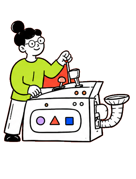 An illustrated creator tuning the ContentOS voice machine.
